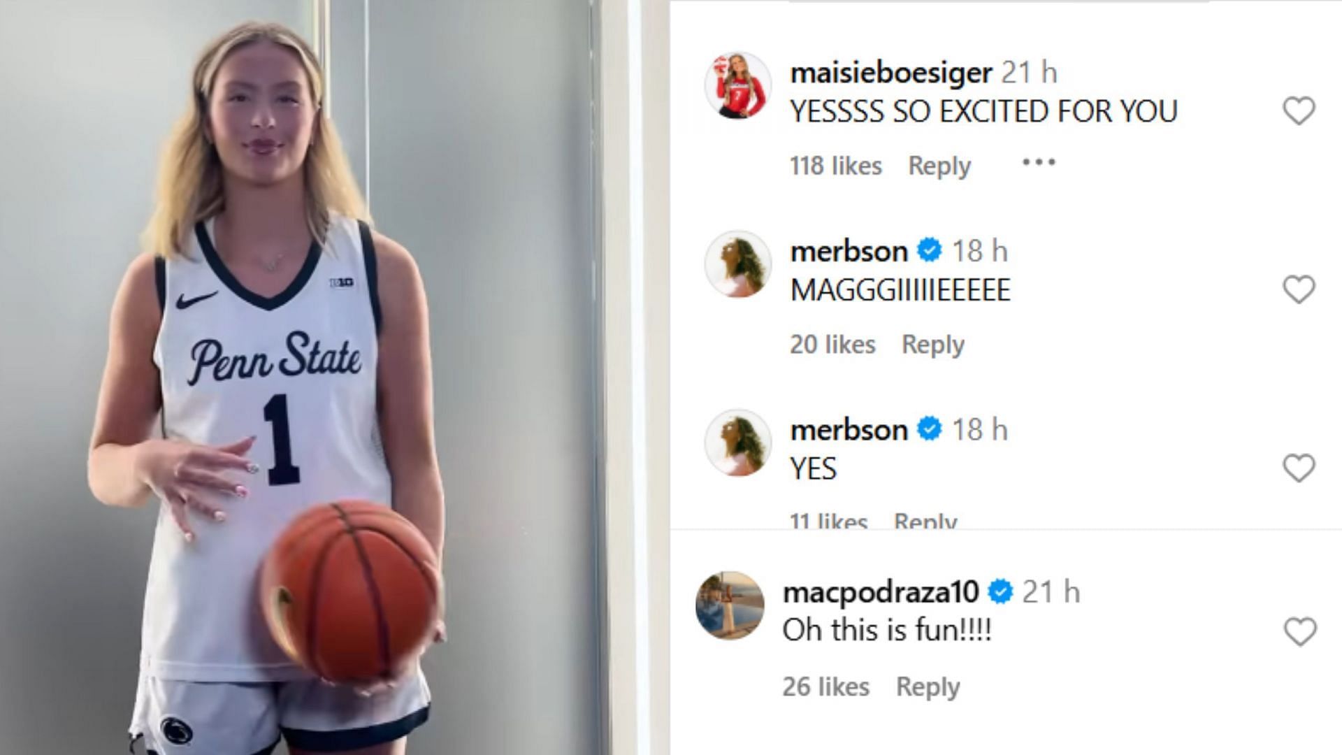 Screenshot of comments (via IG/@maggie44mendelson, @pennstatevball, @pennstatewbb).